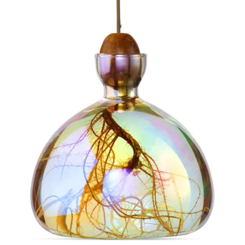 Iridescent glass lampshade with acorn-shaped top and rainbow reflections.