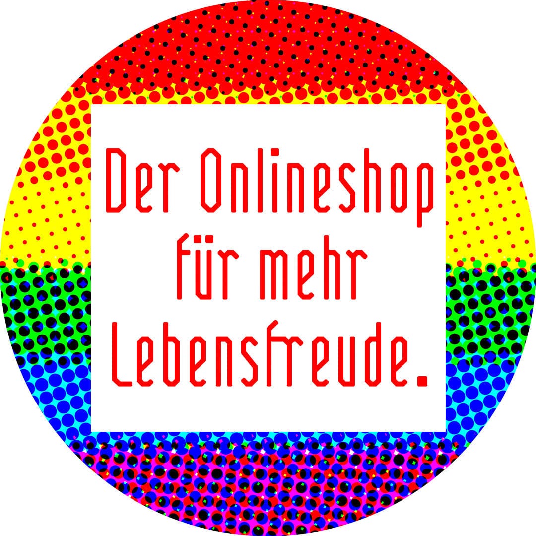 Runde Grafik in Regenbogenfarben. Im weißen Quadrat steht der Text "Der Onlineshop für mehr Lebensfreude"