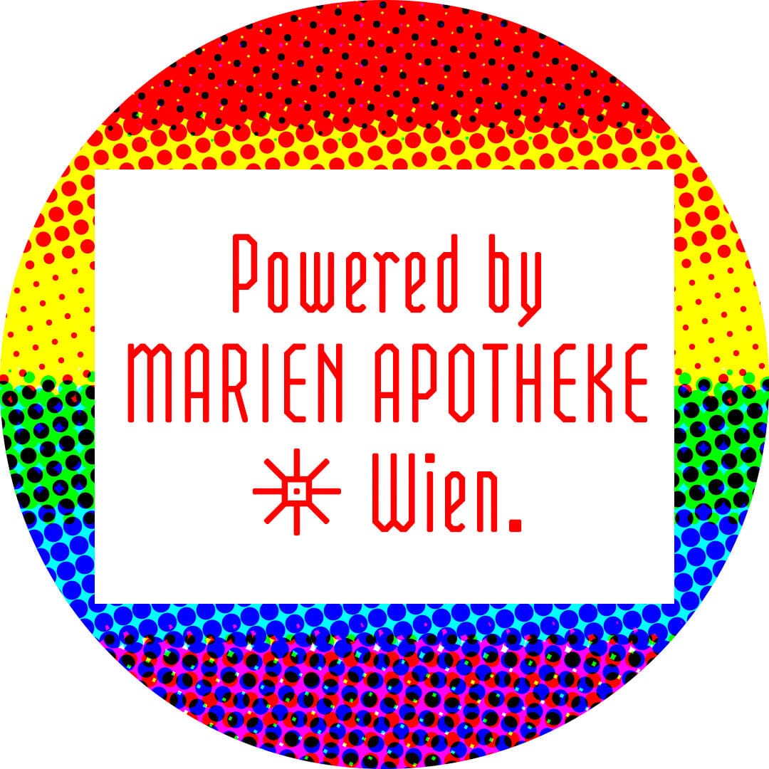 Runde Grafik in Regenbogenfarben. Darauf befindet sich in weißem Quadrat der Text: "Powered by Marien Apotheke Wien"