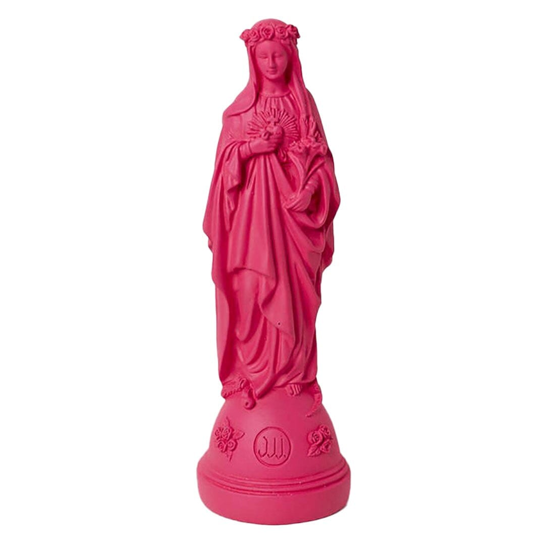 Bright pink Madonna statue with detailed robes and a floral crown on a round base.