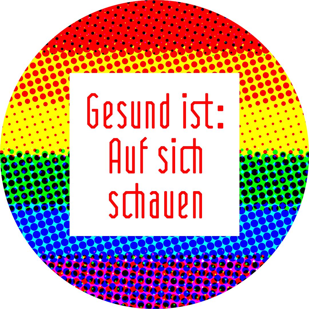 Auf sich schauen" in red letters on a white square background in the center.