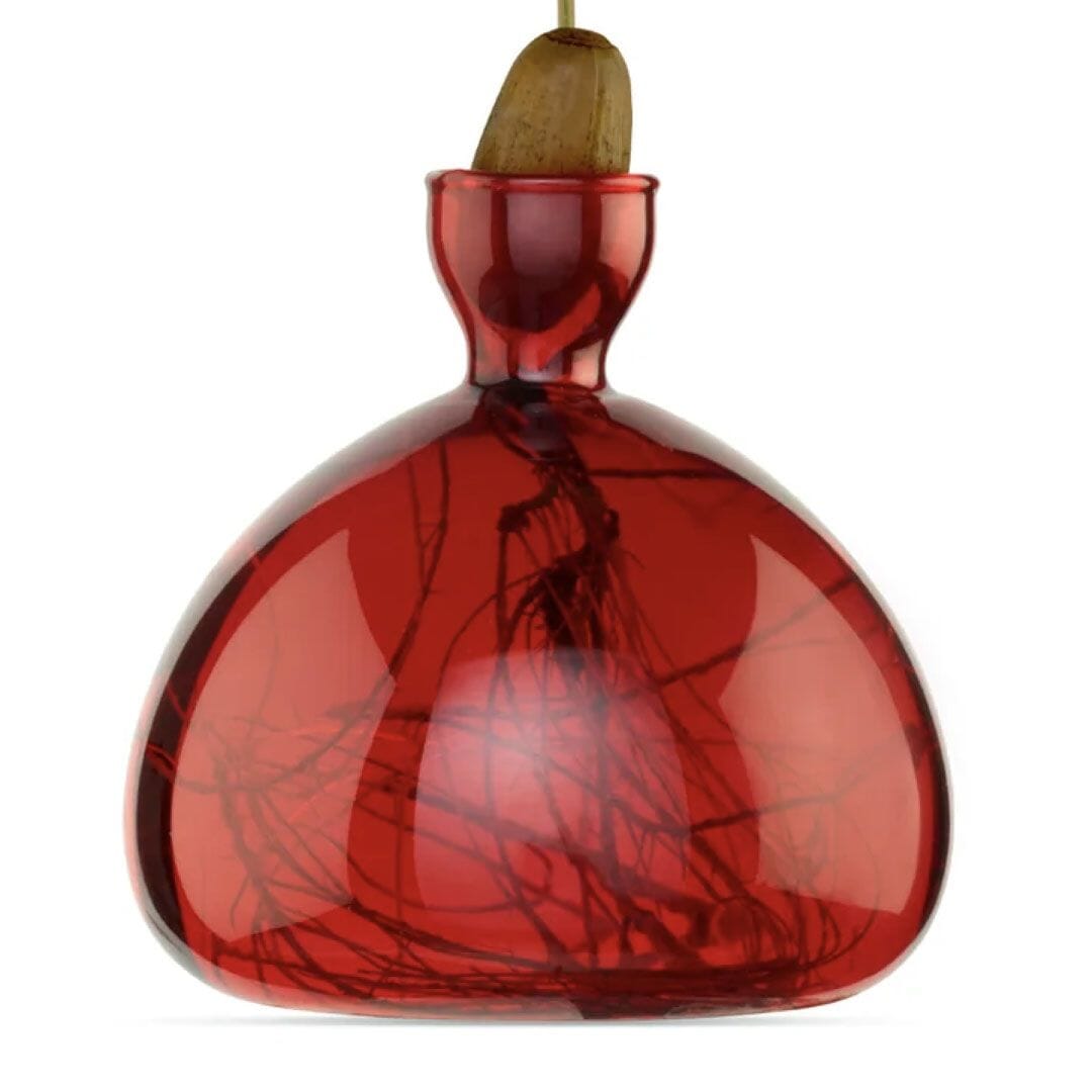 Red glass pendant light with acorn-shaped wooden top and visible black internal cords.