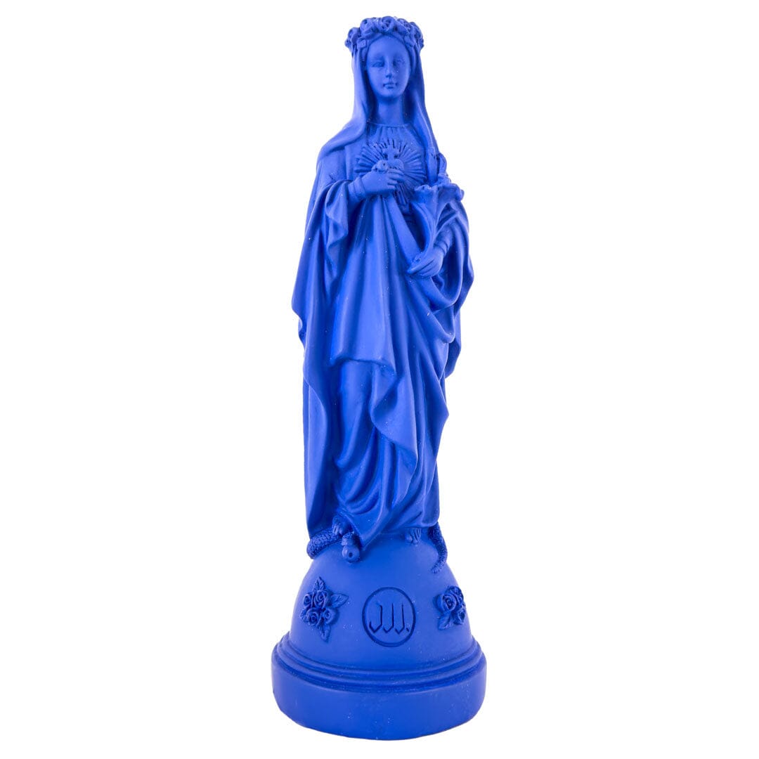 Blue Madonna statue with floral crown and detailed flowing robes on rounded base.