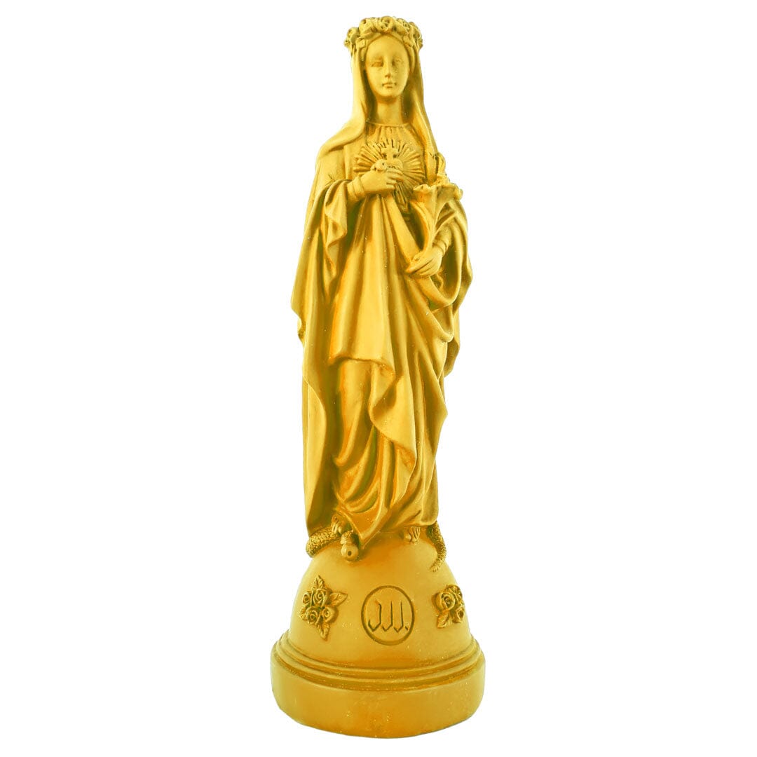 Yellow Madonna statue with floral crown and detailed flowing robes on ornate base.