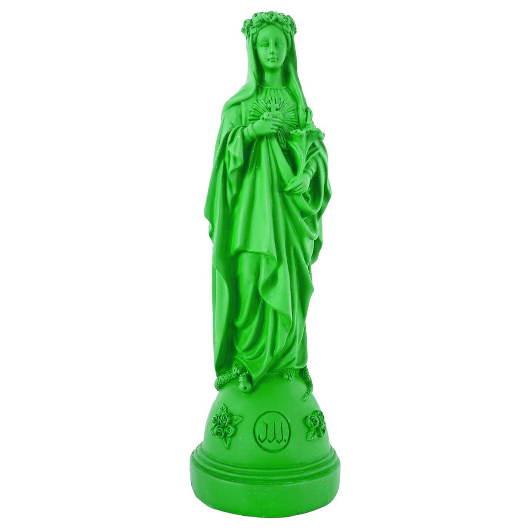 Bright green Madonna statue with detailed draped robes and floral crown on round base.