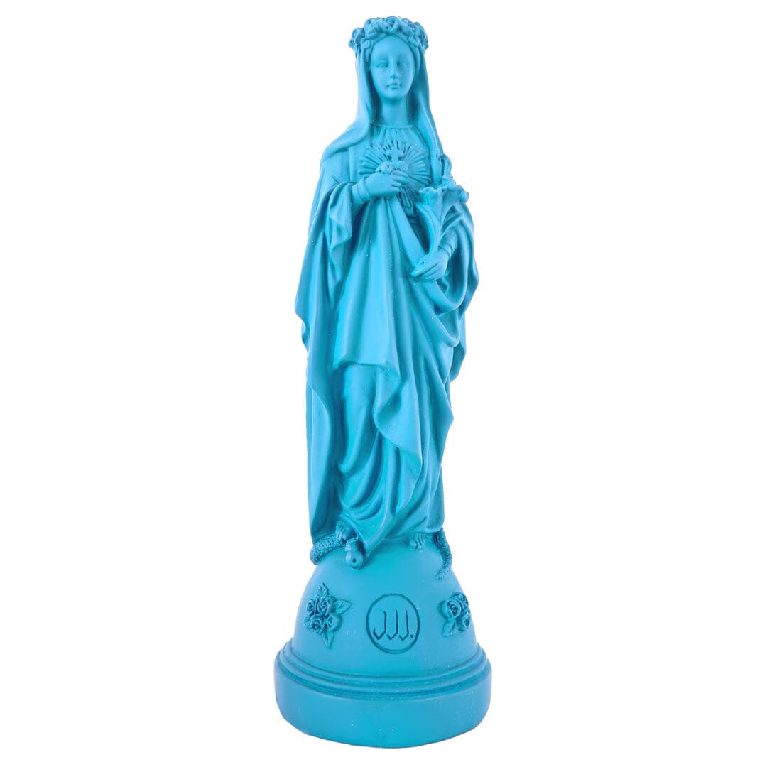 Turquoise Madonna statue with floral crown and detailed robes on rounded base.