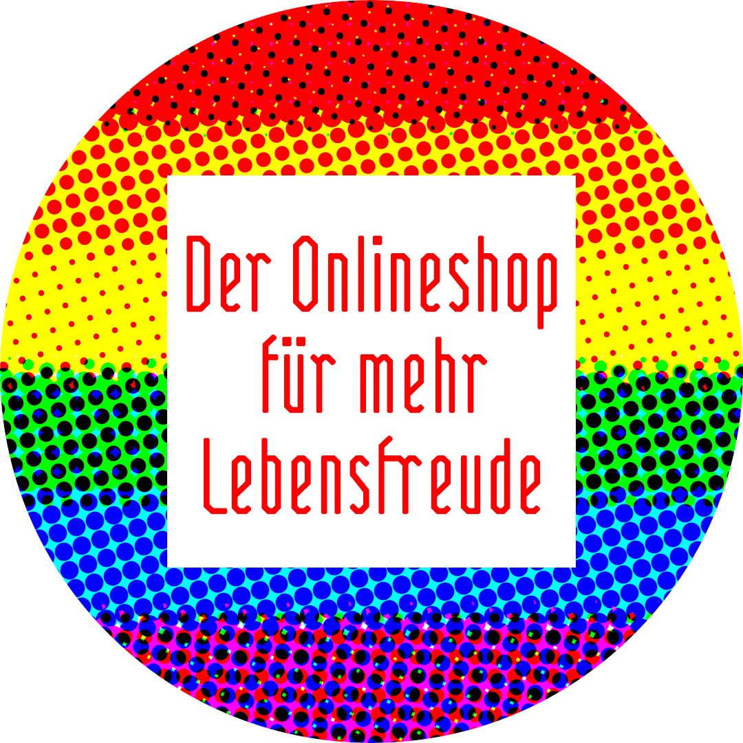 Round badge with rainbow halftone pattern and red text in German saying "Der Onlineshop für mehr Lebensfreude" centered on.
